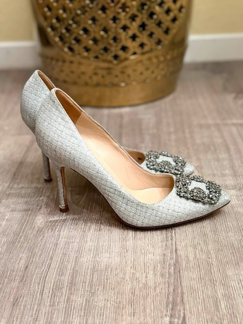 Manolo Blahnik Silver Crystal-Buckle Pointed Toe Pumps - Picture 4 of 8